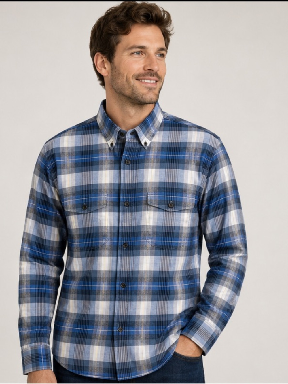 NWT Lands' End Men’s Medium Blue Plaid Button-Down Shirt| Long Sleeve